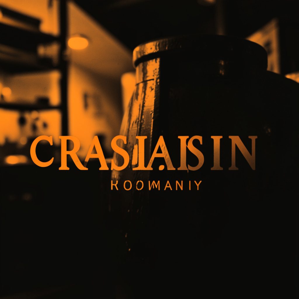 Hard amber and black duotone photograph of a brewery interior with warm copper and steel tanks, dark moody atmosphere