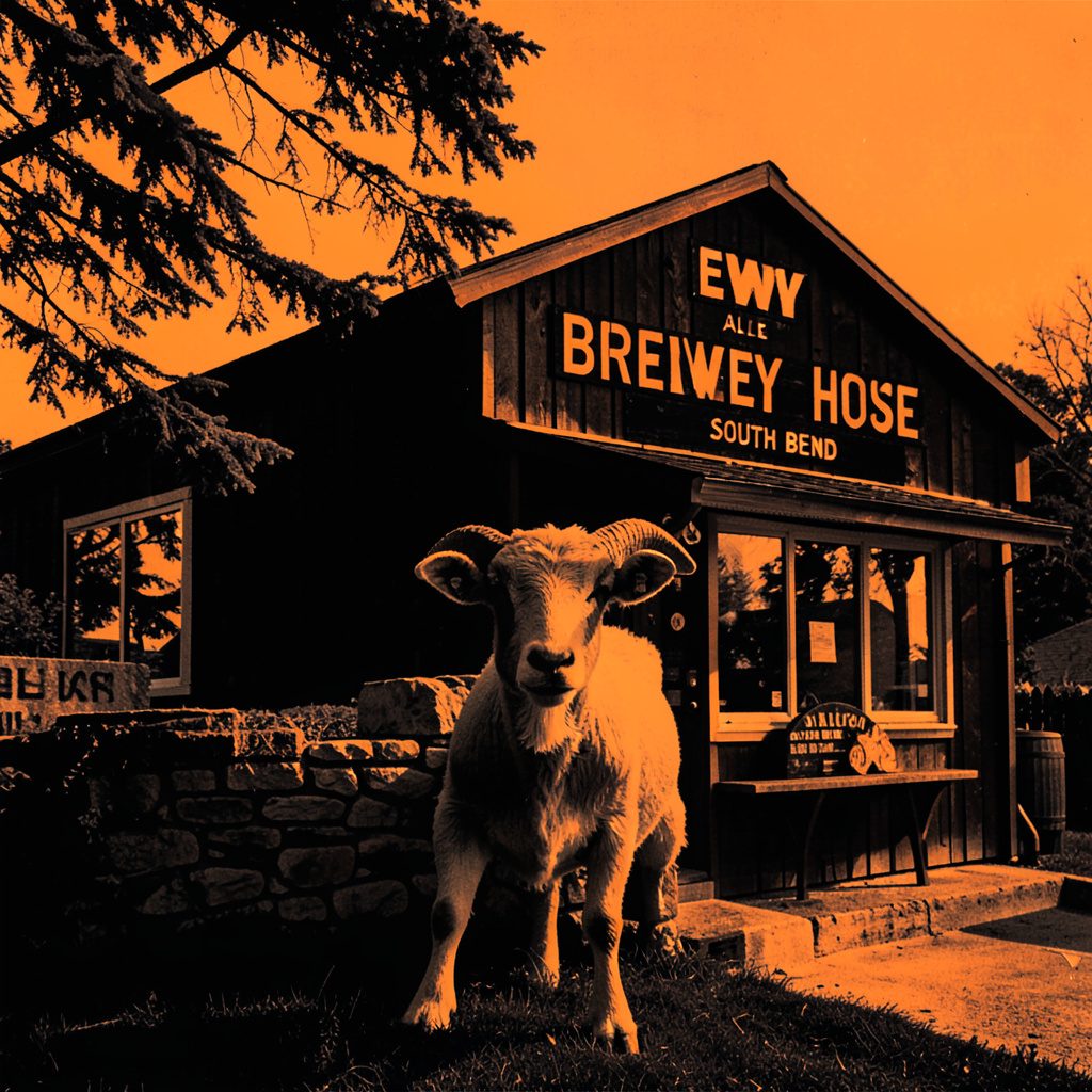 Hard amber and black duotone of a brewery storefront, warm glow against dark sky