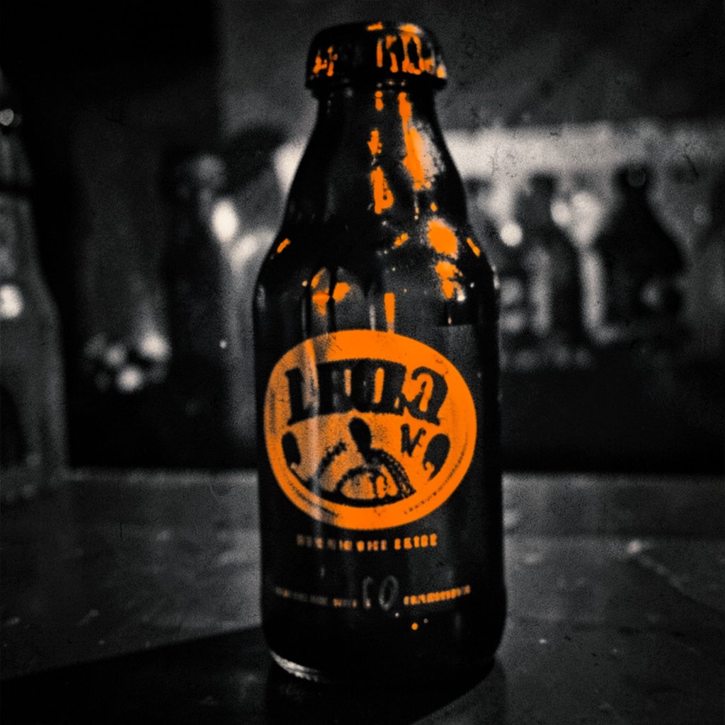Hard amber and black duotone of a brewery scene, dark moody atmosphere with amber highlights